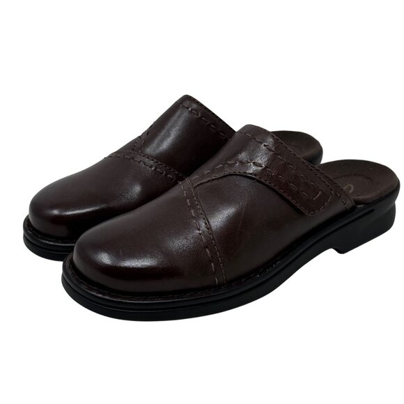 Clarks‎ Womens Leather Slip-On Clog Mule Brown Stitch Accent Size 10M - Picture 1 of 11